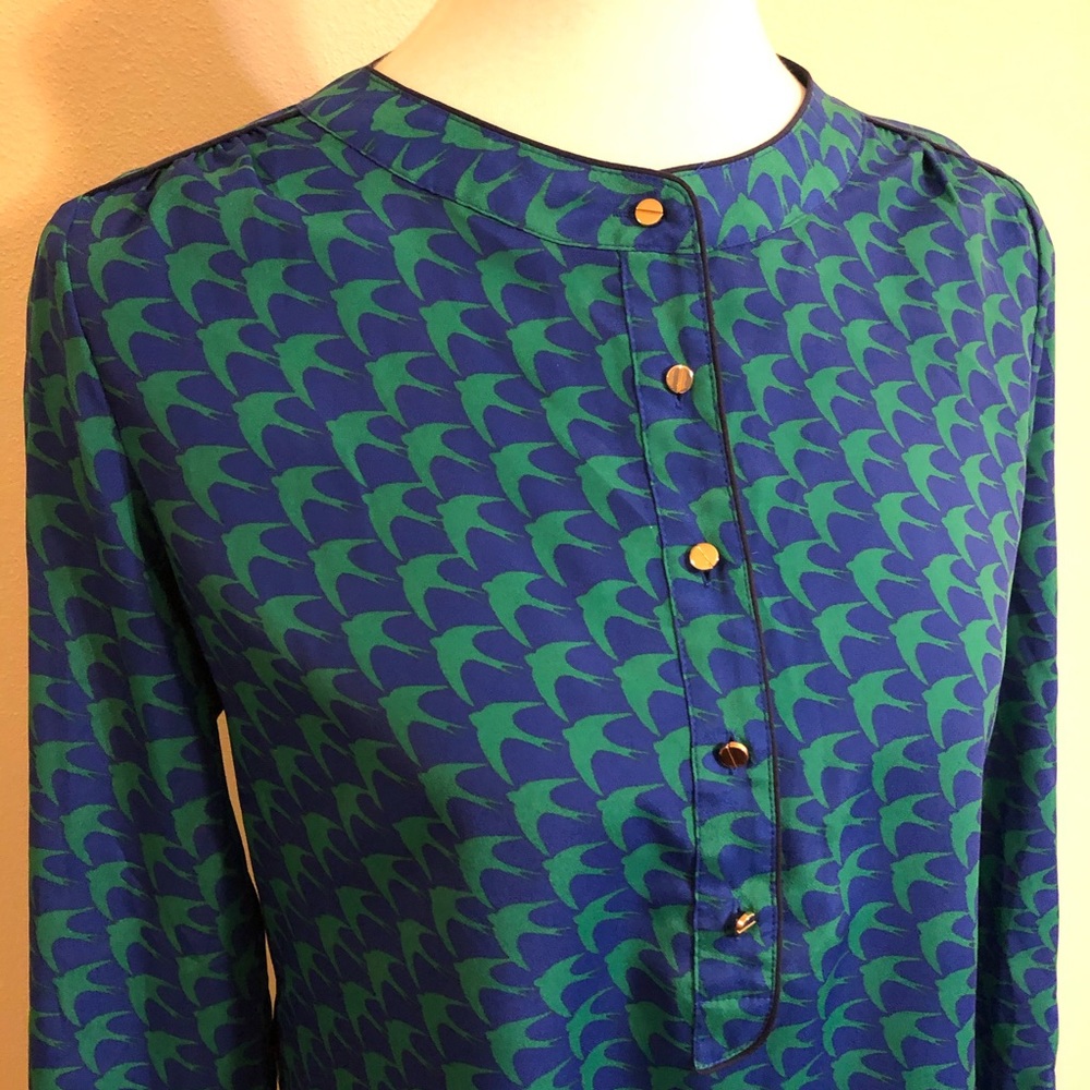 Banana Republic Blue & Green Bird Print Blouse